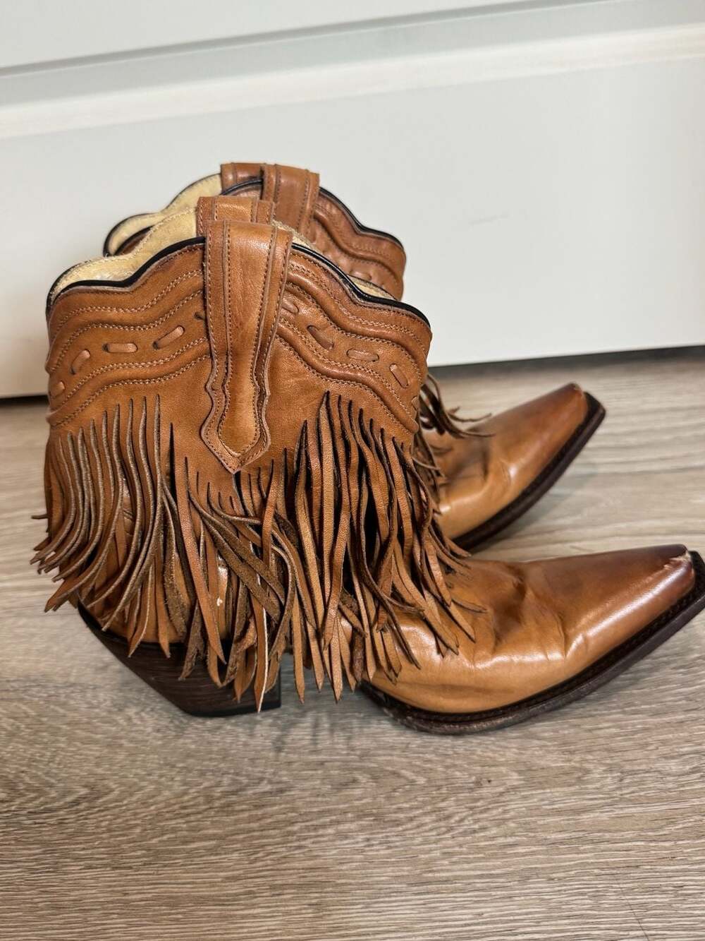 Tan Leather Fringe Cowgirl Boots Pointed Toe Boho Western Festival 9.5